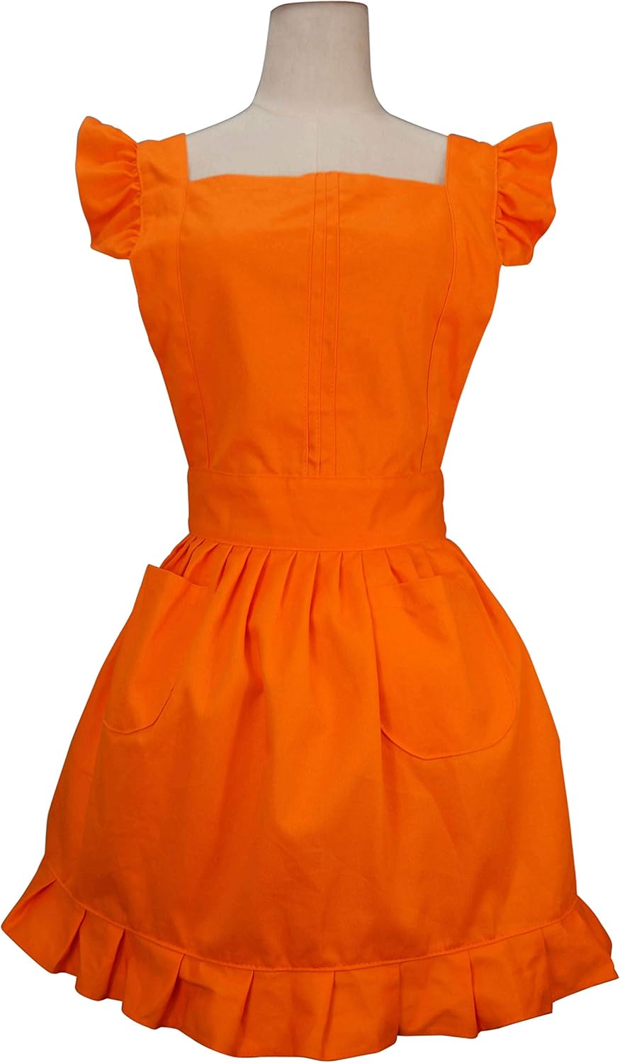 lilments 复古可调节荷叶边围裙厨房烹饪烘焙清洁棉服装 橙色 7q1q